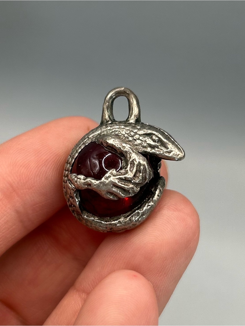 Pewter Gecko Lizard with Deep Red Marble GLASS Pendant Reptile Unique